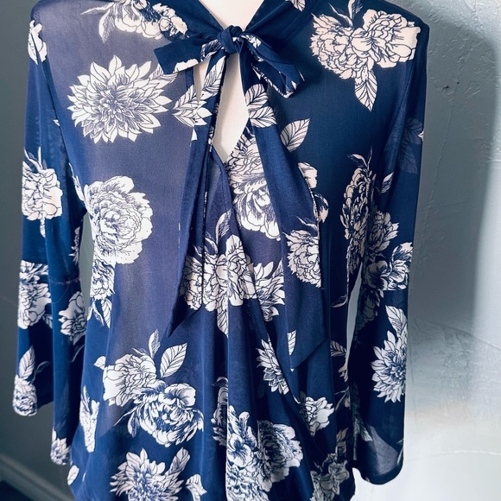 Blue and White Tie Front Blouse with Cut Out Details